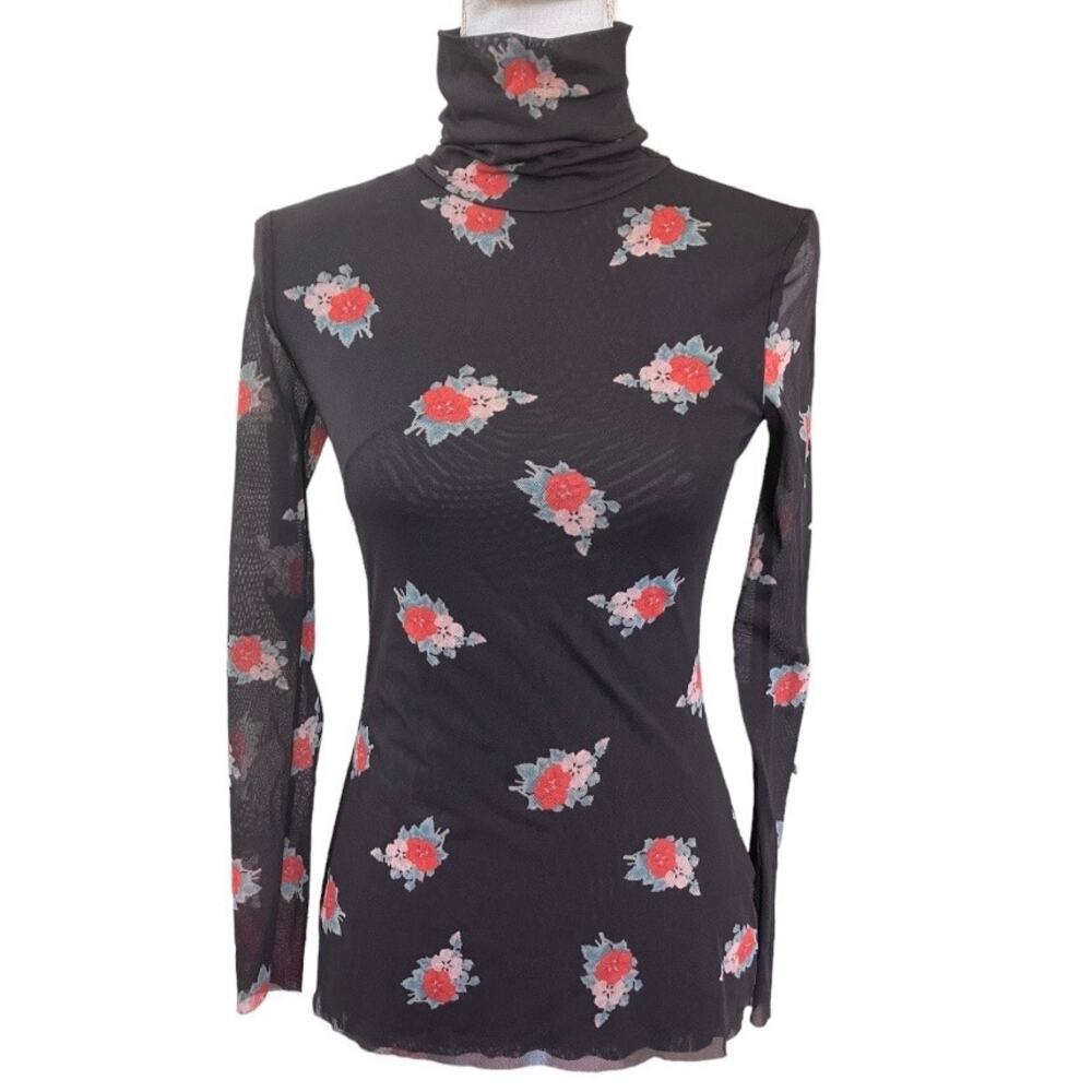 GANNI Floral Black Mesh Long Sleeve Top Size 34/XS